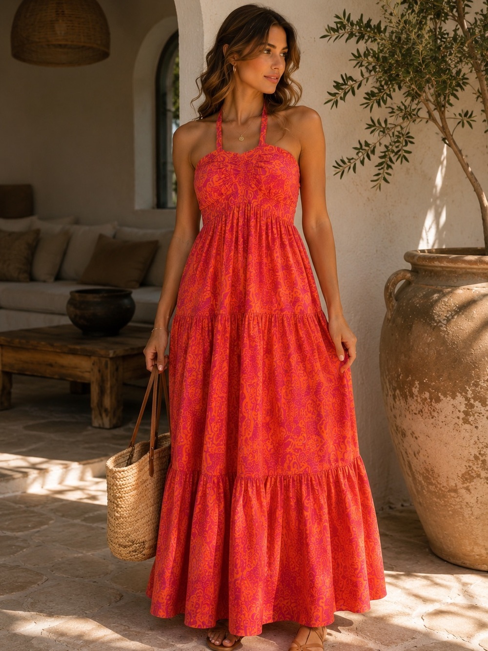 Red Camel Boho Halter Maxi Dress 100% Cotton Pink Orange Sundress Sz 3